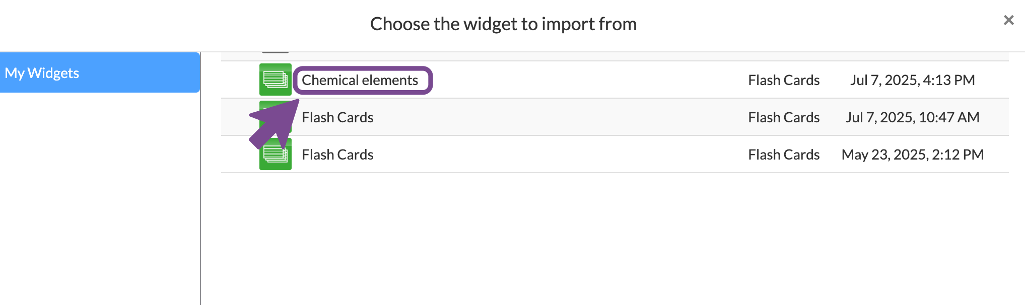 Interface for selecting from which widget to import