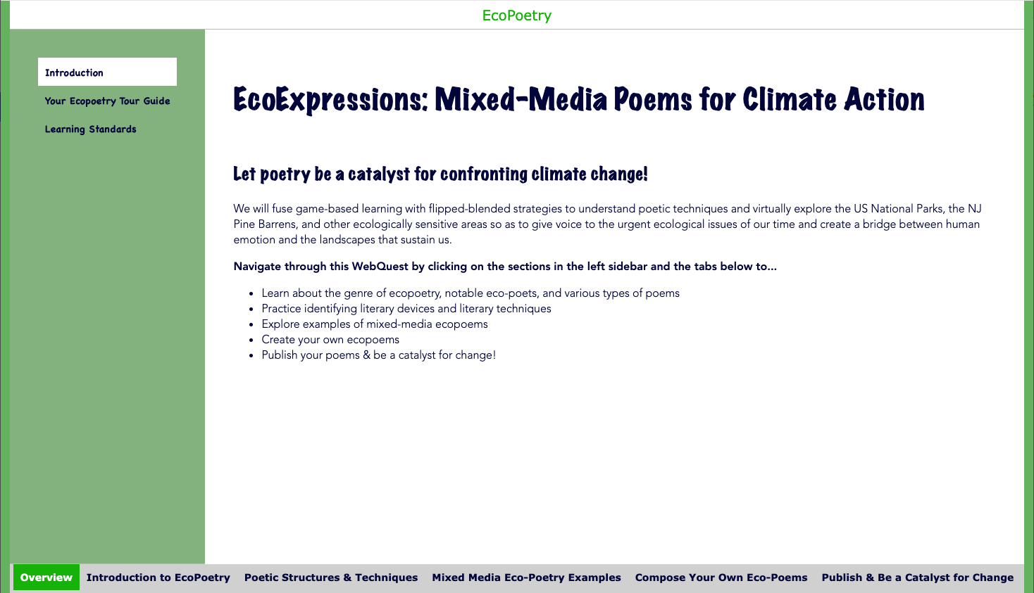 Preview of the EcoExpressions WebQuest with poetry activity icons