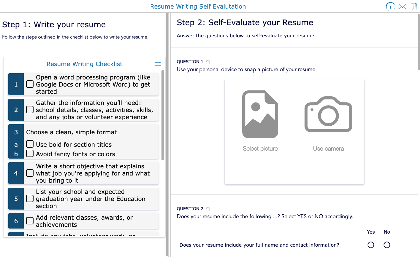 resume writing self-evaluation activity for students using BookWidgets, featuring a checklist for drafting a resume and queestions for self evaluation