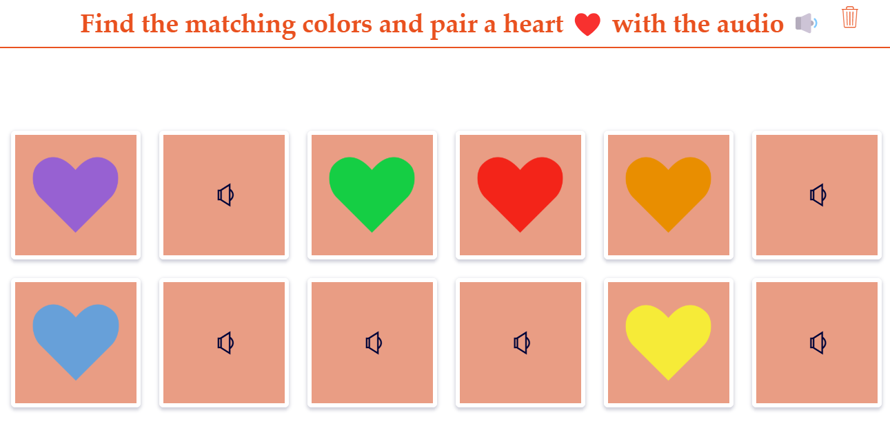 BookWidgets Pair Matching listening exercise matching audio clips of colors to corresponding images