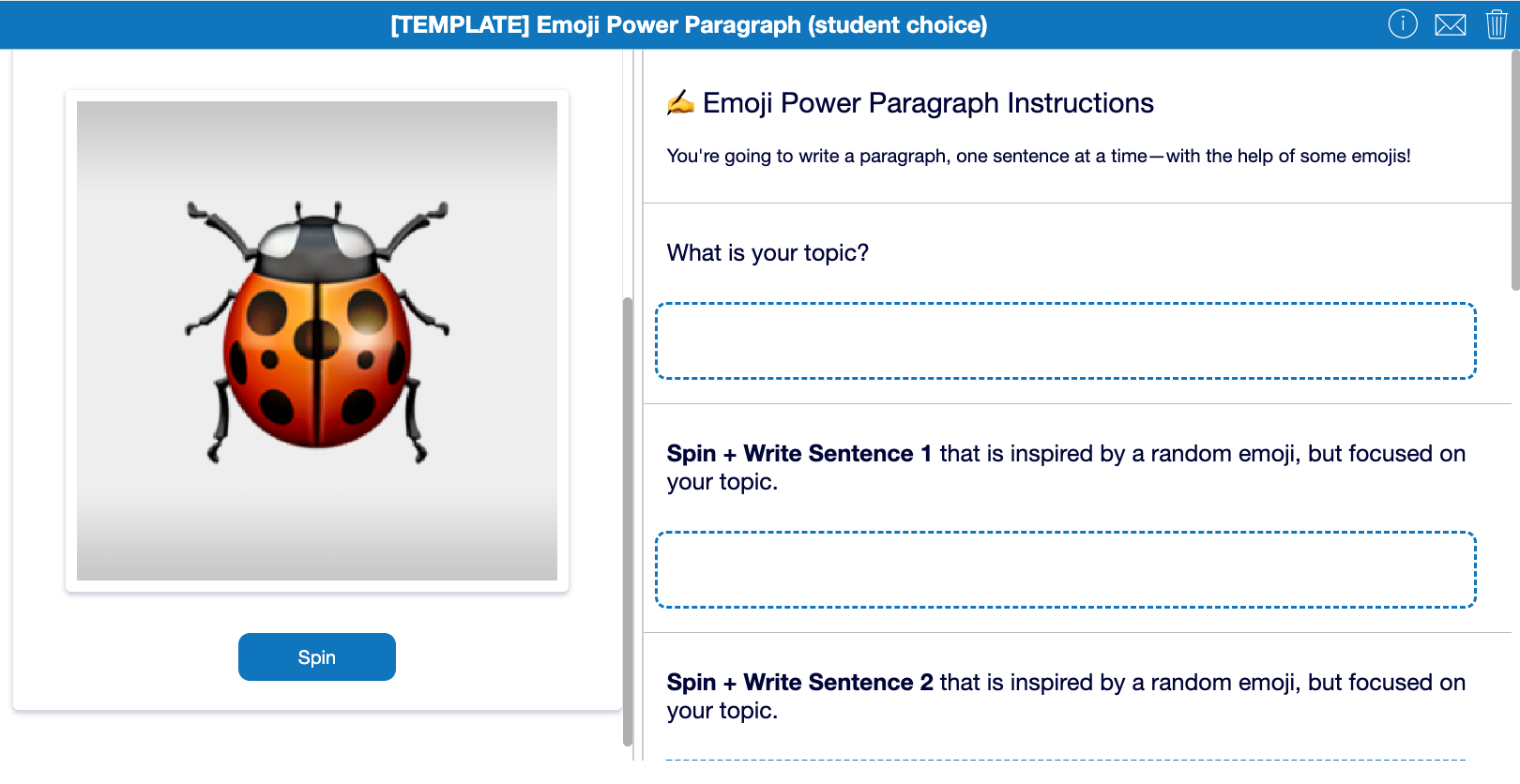 BookWidgets Emoji Power Paragraph template with embedded spinner