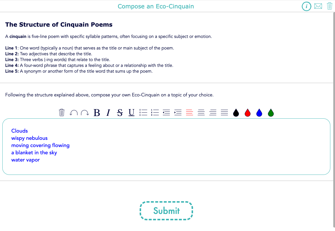 Cinquain poetry writing activity in digital worksheet