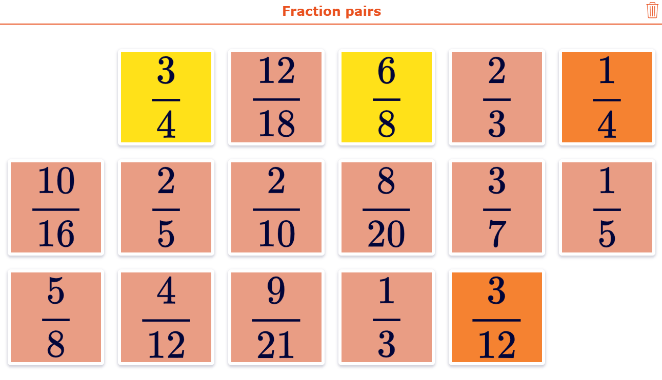 BookWidgets Pair Matching activity where students match fractions with their simplified equivalents to strengthen math skills and fraction concepts